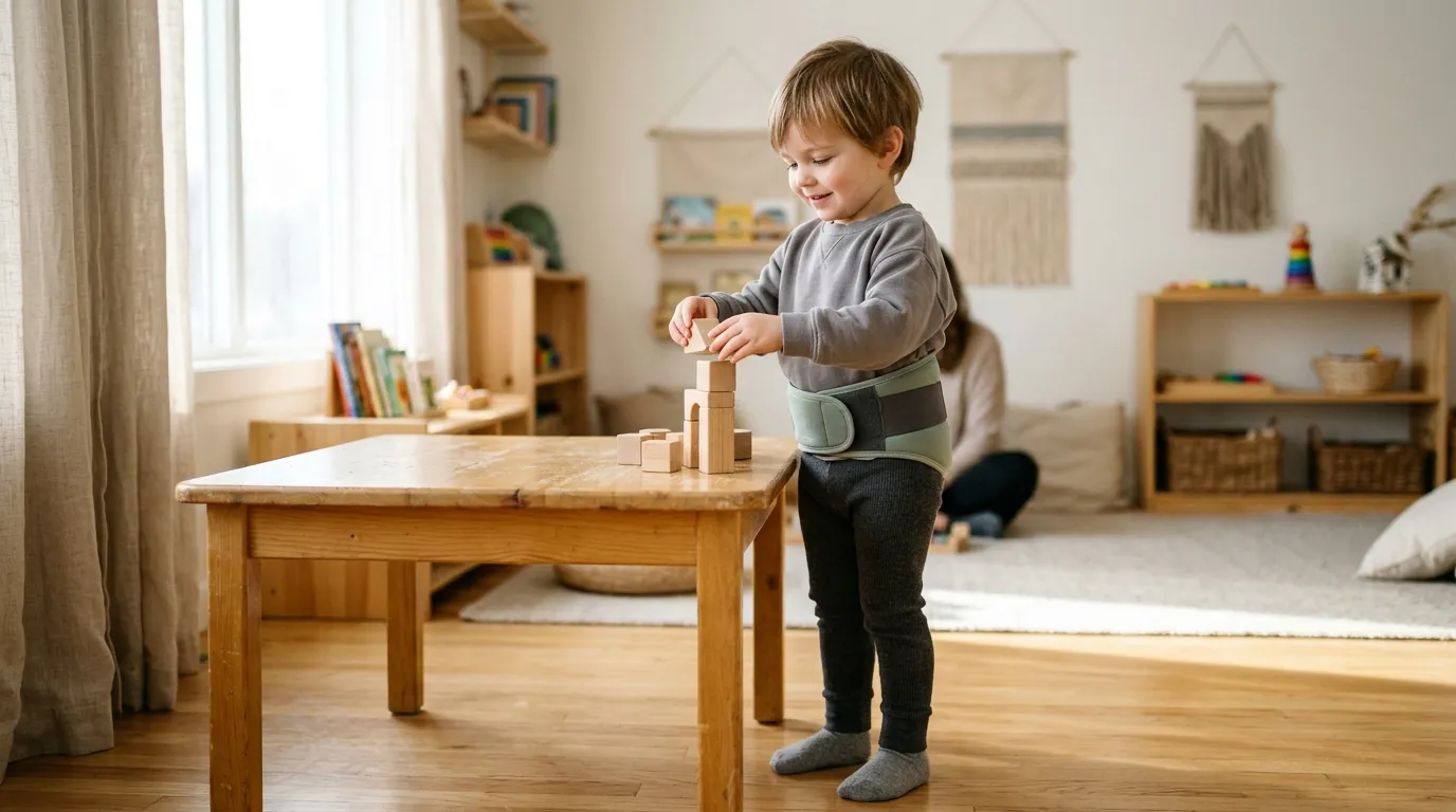 Warm editorial photograph of child in minimal textile band for homepage hero